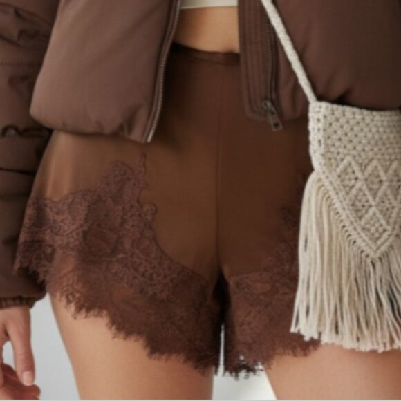 As Seen on Social Pants - Brown Lace-Trim Silky Satin Shorts Size: S - Loungewear as Outerwear